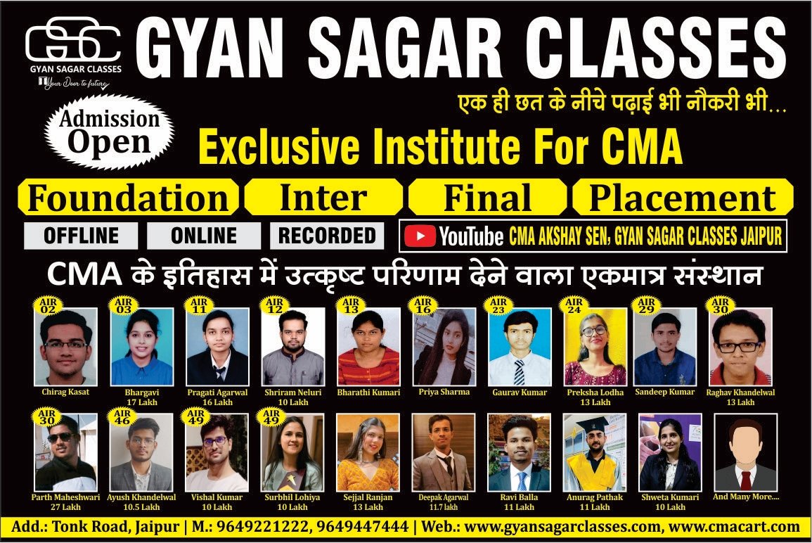Gyan Sagar Classes again Provided Highest Package and Selections in CMA/CS/CA